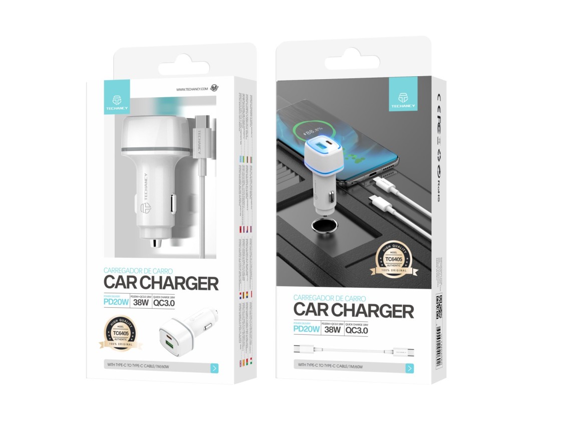 Techancy Carregador De Automóvel 38w TC6405, Carregamento Rápido Pd3.0+Qc3.0, Conjunto De Cabos Usb