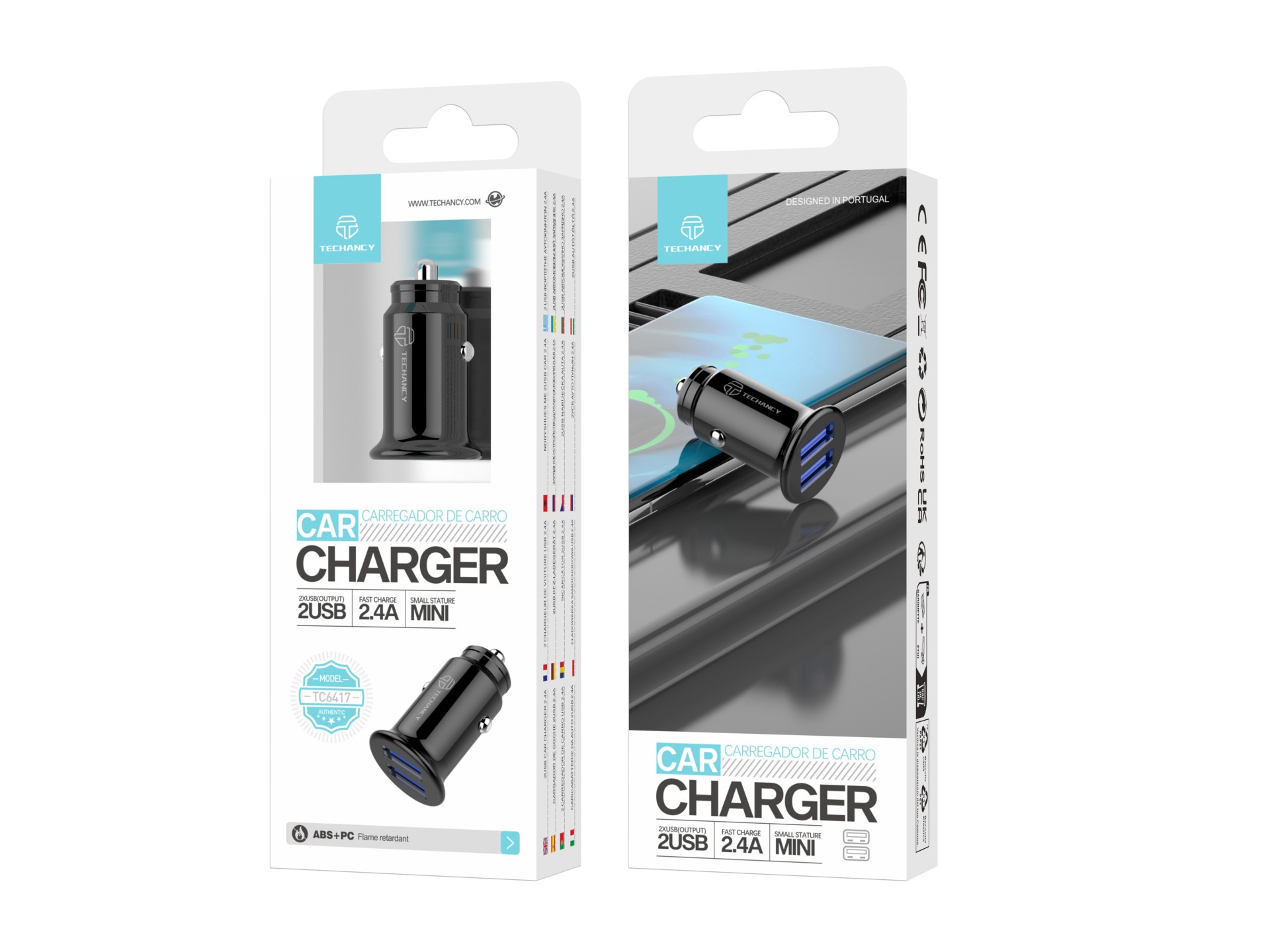 Techancy Mini Car Charger TC6417, 2.4A 2USB Charging, Compatible with Trucks and Cars, Black