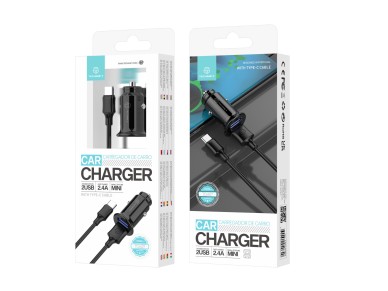 Cargador mini para coche Techancy TC6407, 2 puertos USB de 2,4 A, cable de datos USB tipo C de 1 m, 