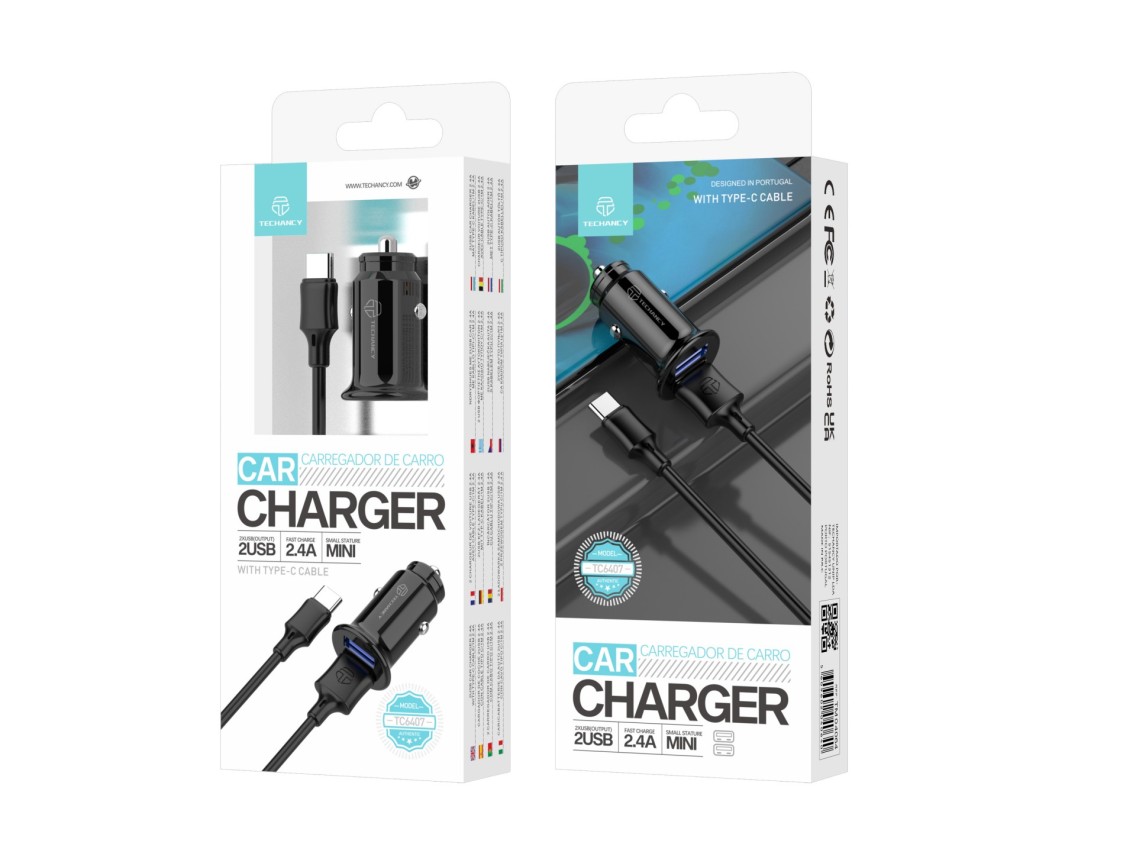 Techancy Carregador De Automóvel Mini TC6407, Carregamento 2usb 2.4A, Conjunto De Cabos De Dados Us