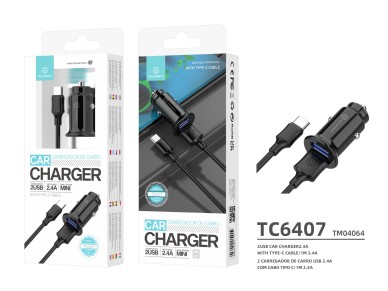 Cargador mini para coche Techancy TC6407, 2 puertos USB de 2,4 A, cable de datos USB tipo C de 1 m, 