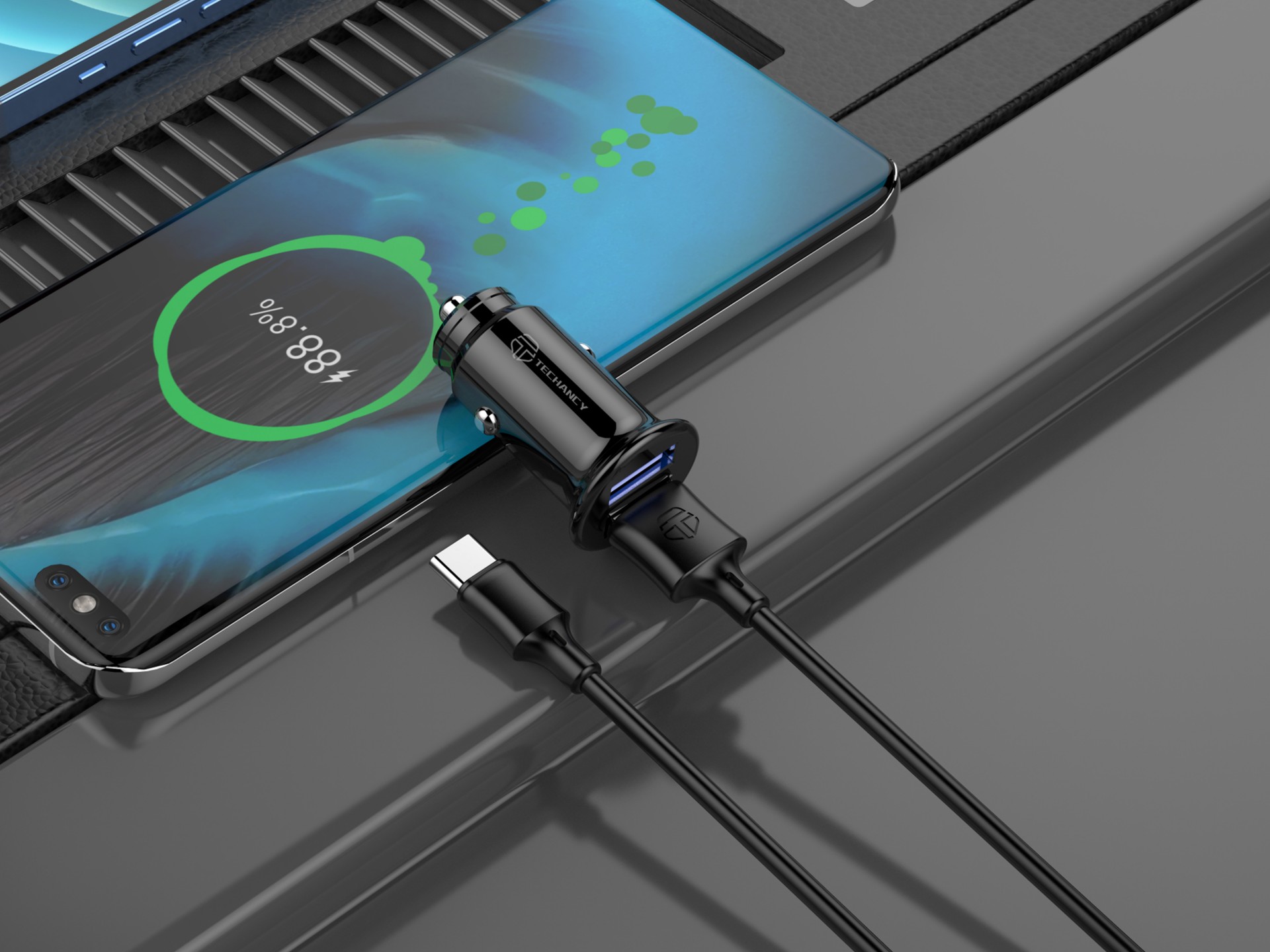 Techancy Carregador De Automóvel Mini TC6407, Carregamento 2usb 2.4A, Conjunto De Cabos De Dados Us