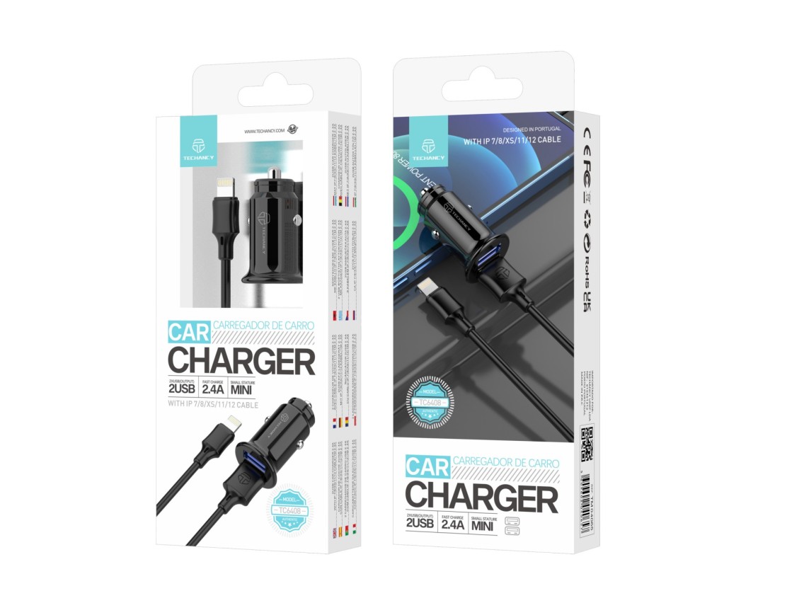 Cargador mini para coche Techancy TC6408, 2,4 A, 2 puertos USB, kit de datos con cable USB-Lightning