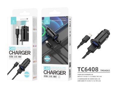 Cargador mini para coche Techancy TC6408, 2,4 A, 2 puertos USB, kit de datos con cable USB-Lightning