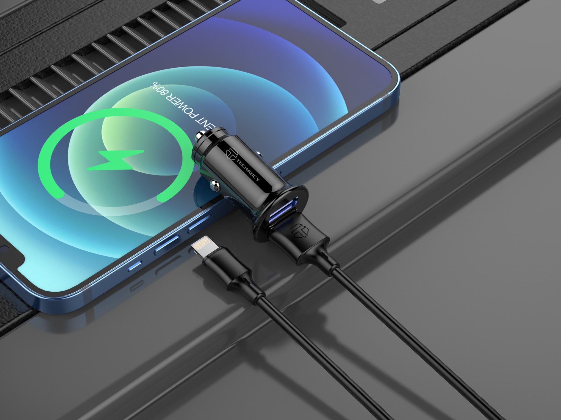 Techancy Carregador De Automóvel Mini TC6408, Carregamento 2usb 2.4A, Kit De Dados Com Cabo Usb-Lig