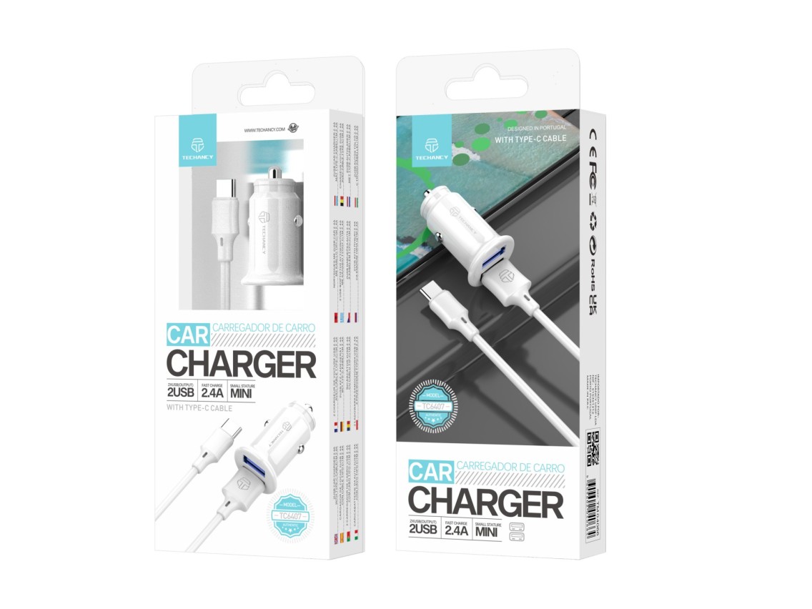 Techancy Carregador De Automóvel Mini TC6407, Carregamento 2usb 2.4A, Conjunto De Cabos De Dados Us