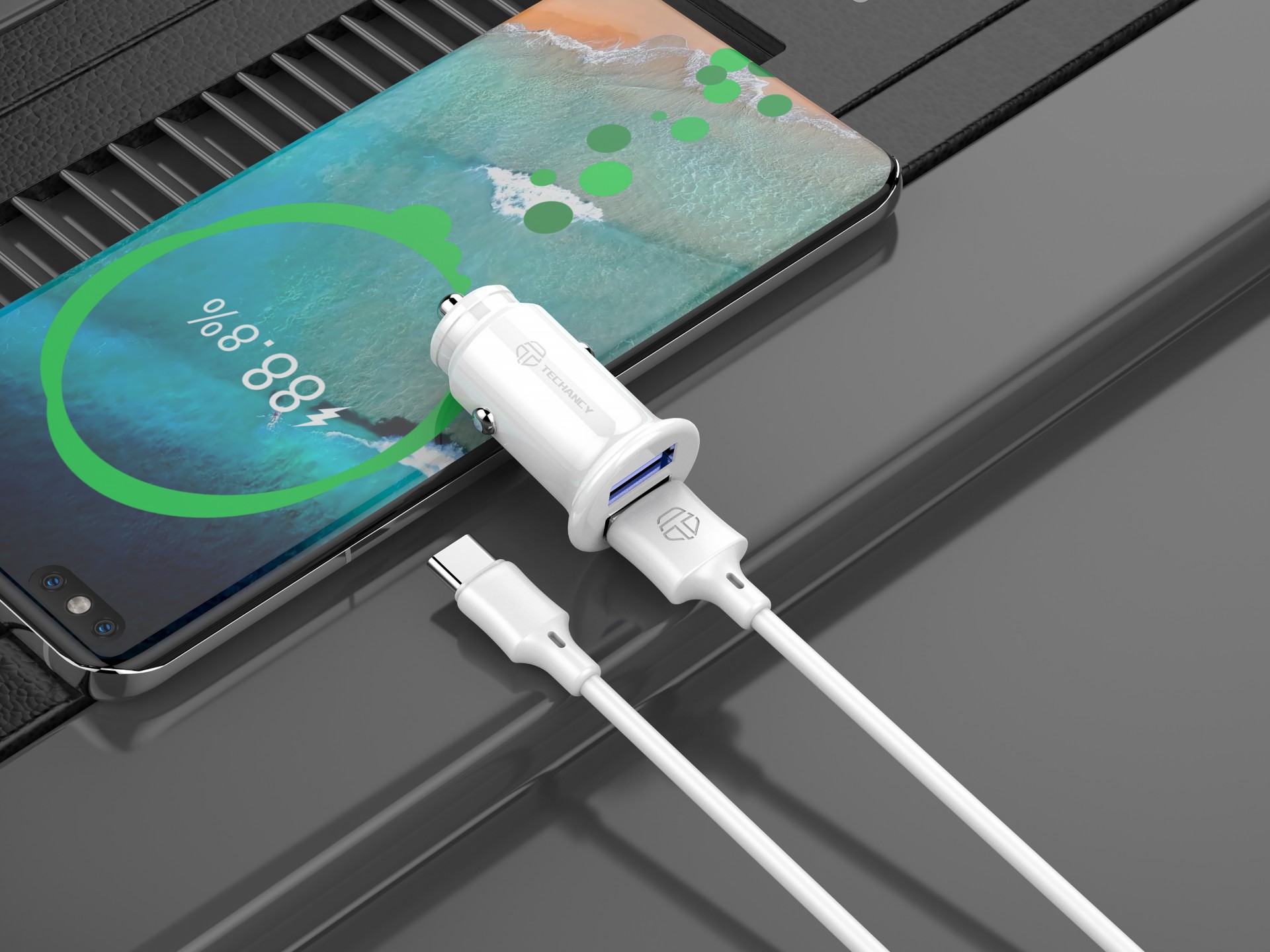 Techancy Carregador De Automóvel Mini TC6407, Carregamento 2usb 2.4A, Conjunto De Cabos De Dados Us