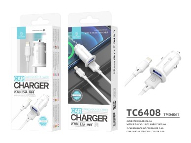 Cargador mini para coche Techancy TC6408, 2 puertos USB de 2,4 A, kit de datos con cable USB-Lightni