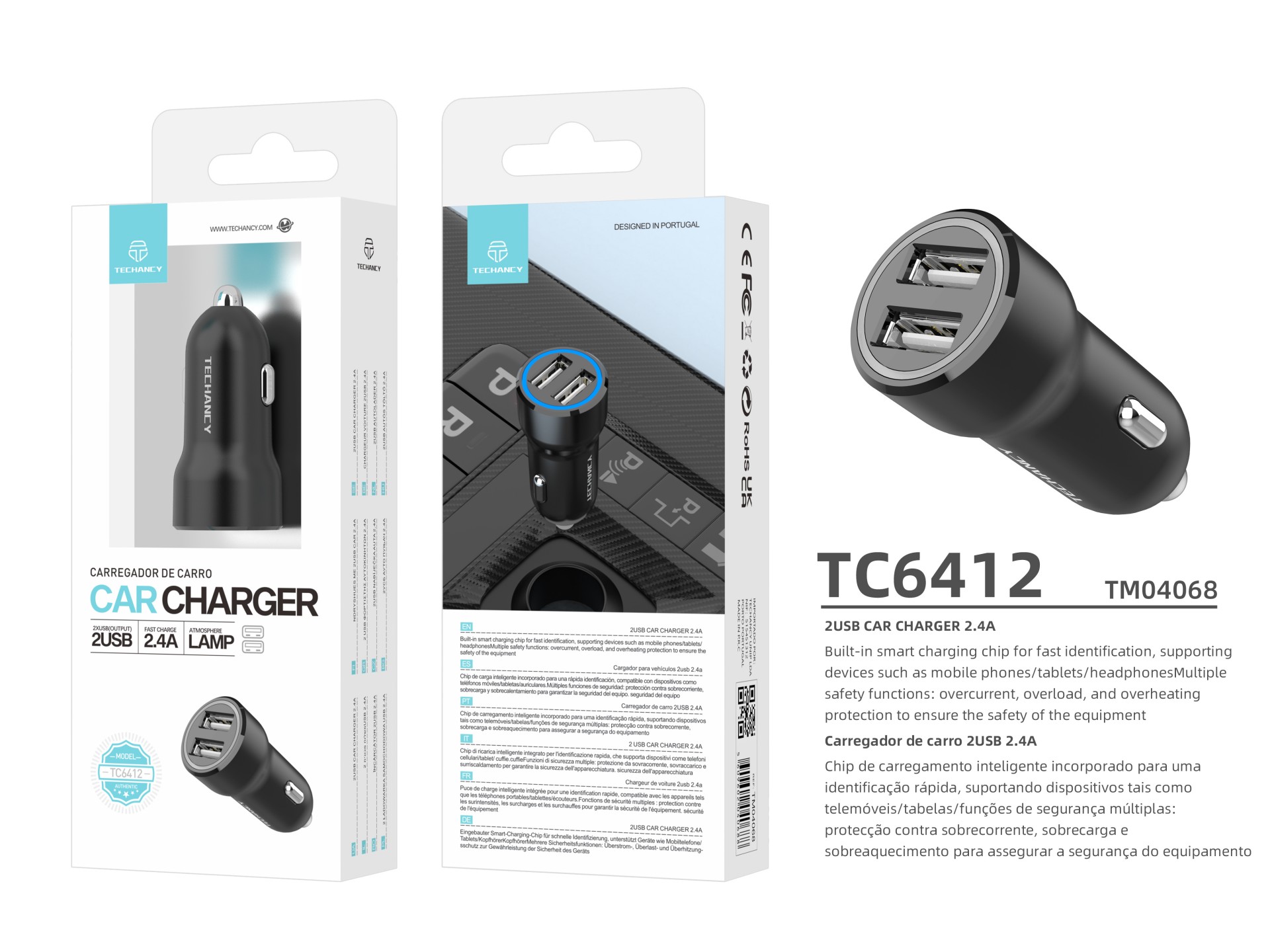 Techancy Carregador de Carro 2USB 2.4A TC6412 , Carregamento Rápido, Identificação Inteligente, Prot