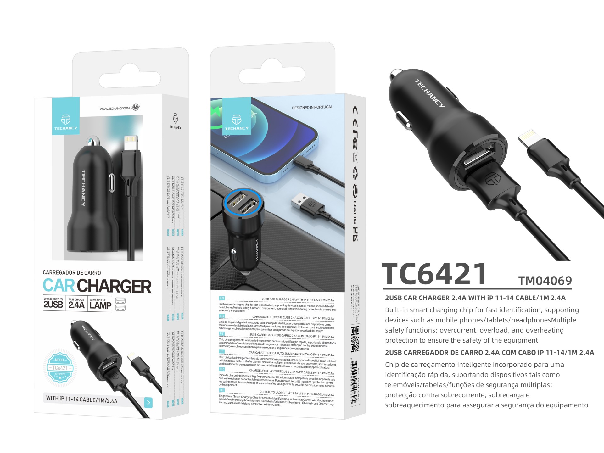 Techancy Carregador de Carro 2USB 2.4A com Cabo iP 11-14/1M TC6421 Preto, Carregamento Rápido, Múlti