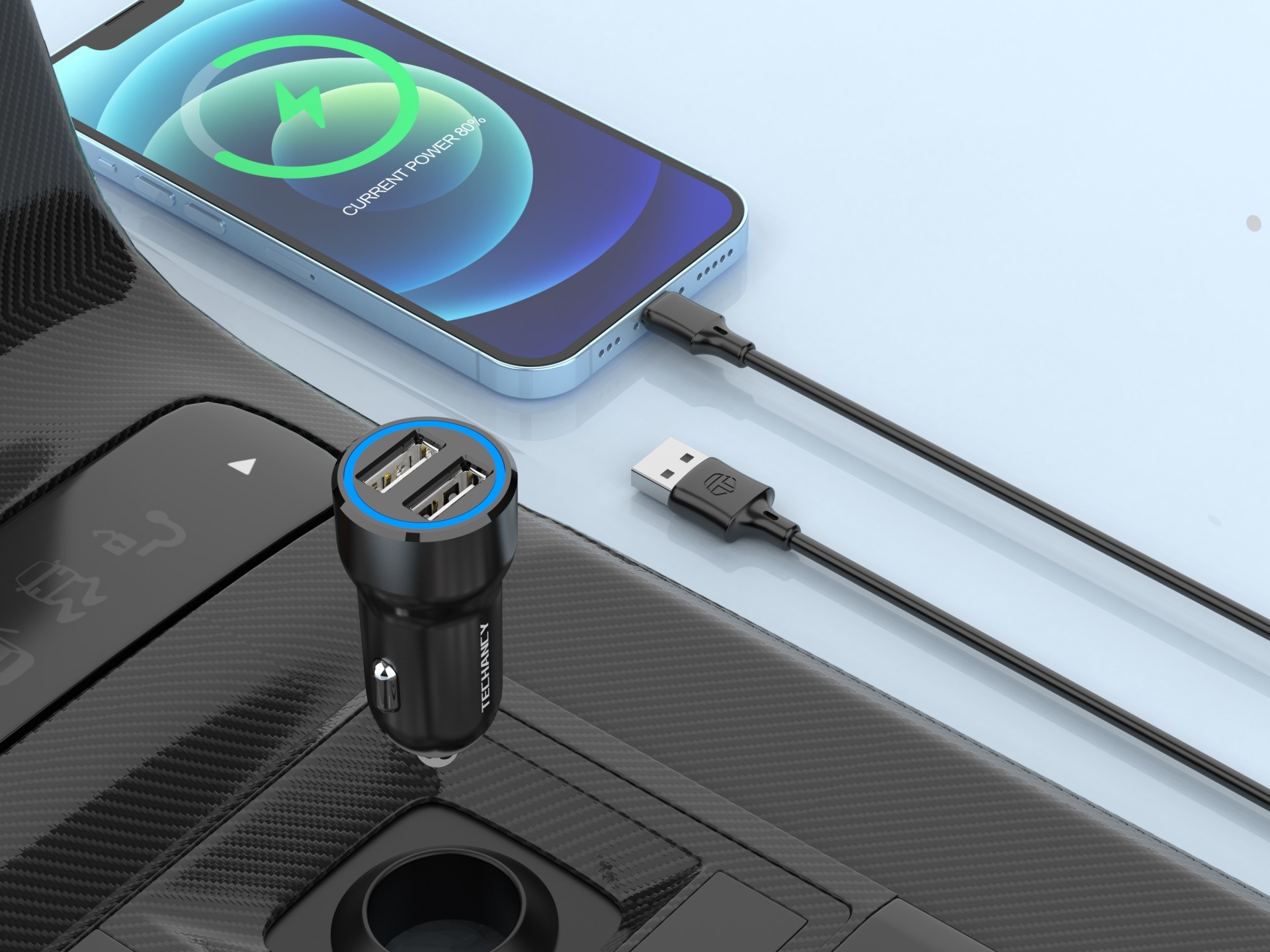 Techancy Carregador de Carro 2USB 2.4A com Cabo iP 11-14/1M TC6421 Preto, Carregamento Rápido, Múlti