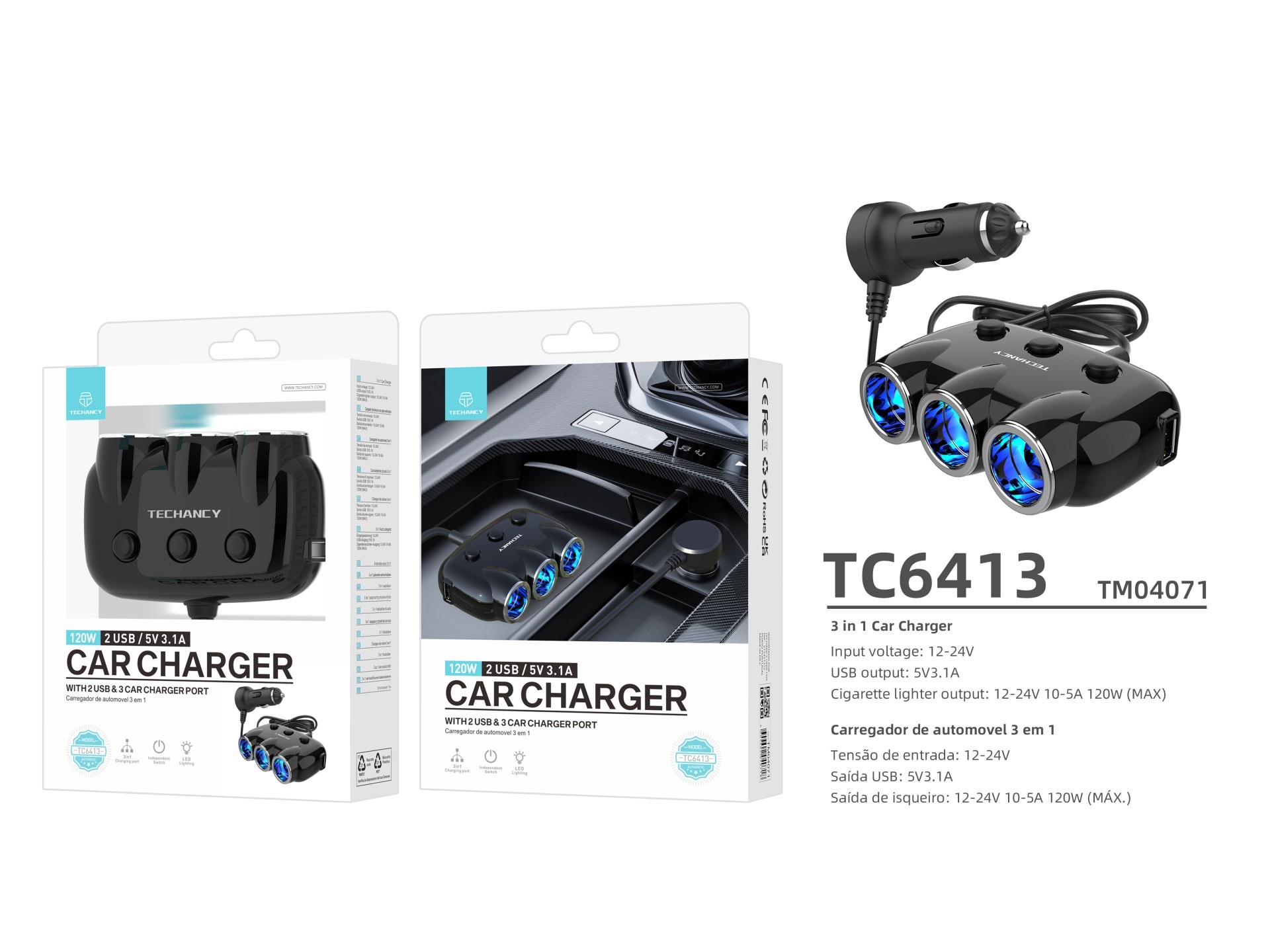 Techancy Carregador De Automóvel 3 Em 1 Preto TC6413, Entrada 12-24v, Saída 10-12a 120w, Parceiro El