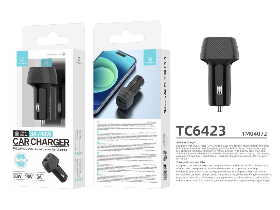 Techancy Carregador Deautomóvel48w TC6432, Carregamento Rápido Pd3.0 De Porta Dupla Usb-A+Usb-C, Pr