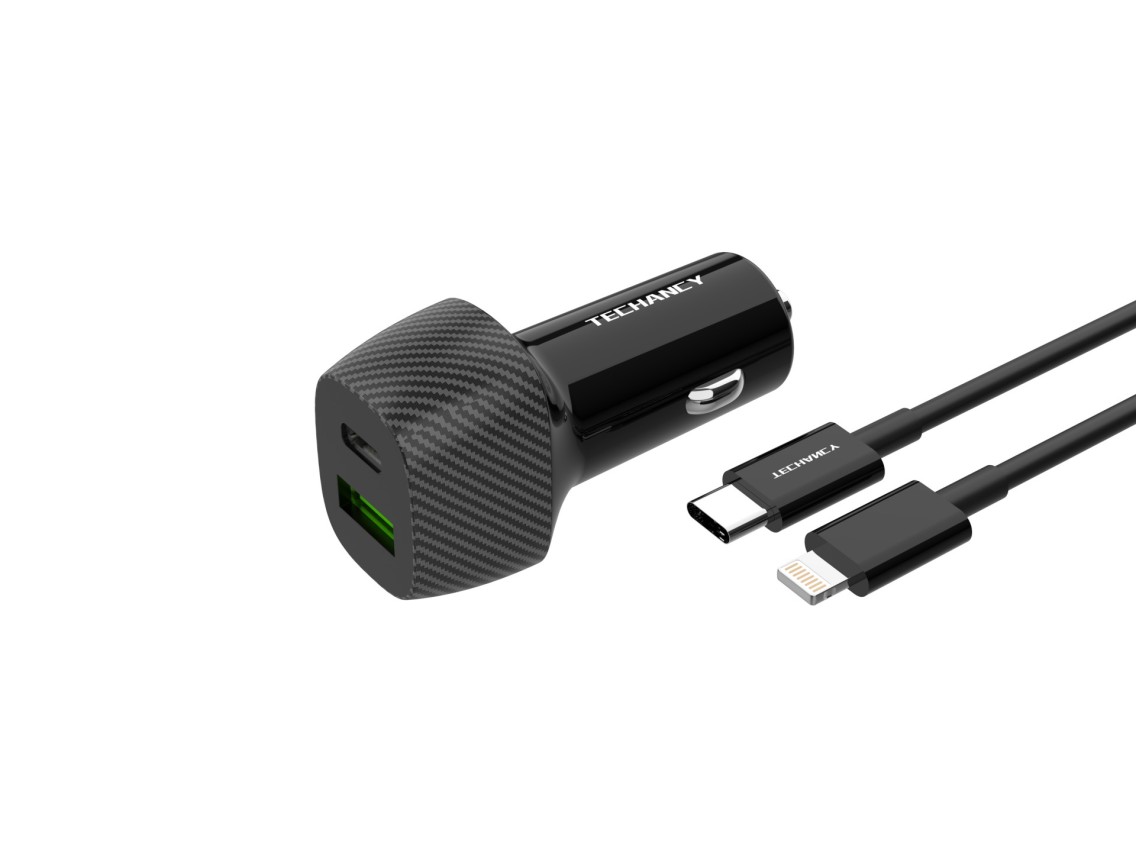 Techancy Carregador De Automóvel 48w Usb+Usb-C Pd3.0 De Porta Dupla TC6432 Com Cabo Type-C Para Ligh