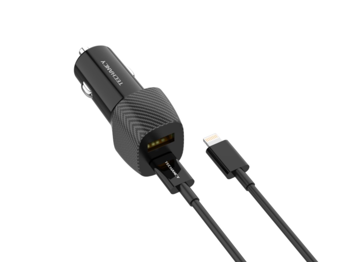 Techancy Carregador De Automóvel 48w Usb+Usb-C Pd3.0 De Porta Dupla TC6432 Com Cabo Type-C Para Ligh