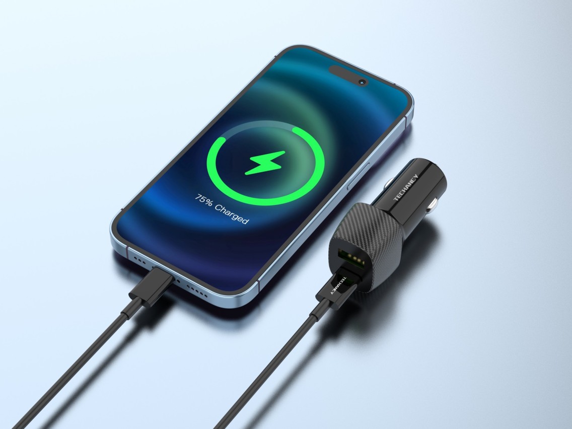Techancy Carregador De Automóvel 48w Usb+Usb-C Pd3.0 De Porta Dupla TC6432 Com Cabo Type-C Para Ligh