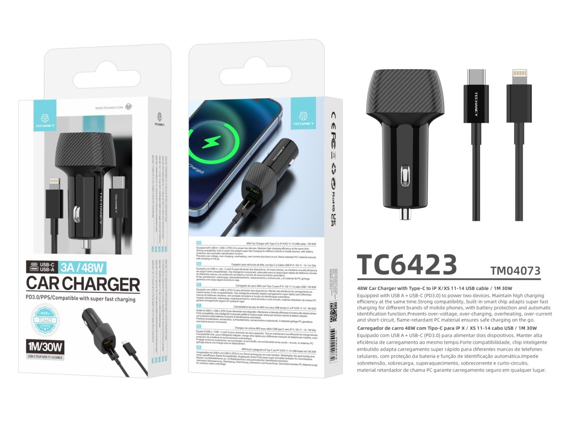 Techancy Carregador De Automóvel 48w Usb+Usb-C Pd3.0 De Porta Dupla TC6432 Com Cabo Type-C Para Ligh