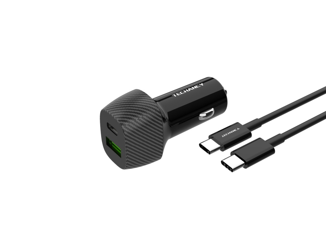 Cargador de coche Techancy TC6432 de 48 W con puerto dual USB+USB-C PD3.0 y cable negro de 1 m/60 W