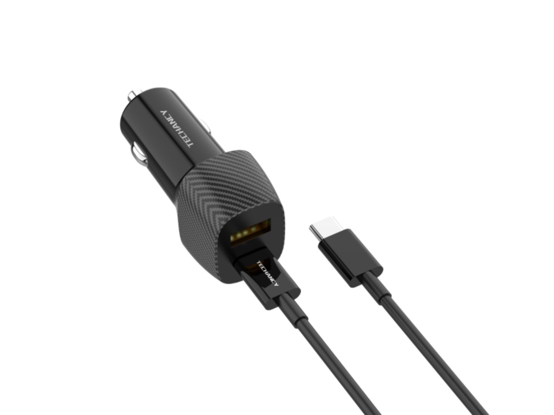 Cargador de coche Techancy TC6432 de 48 W con puerto dual USB+USB-C PD3.0 y cable negro de 1 m/60 W