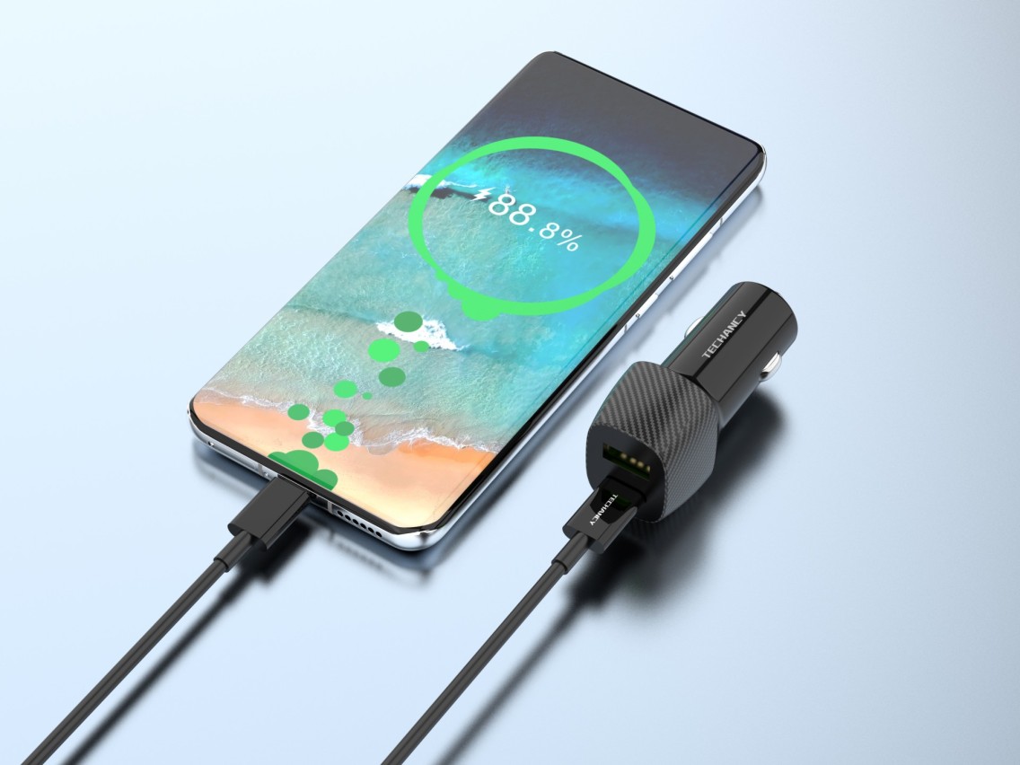 Cargador de coche Techancy TC6432 de 48 W con puerto dual USB+USB-C PD3.0 y cable negro de 1 m/60 W