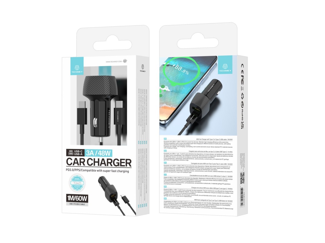 Cargador de coche Techancy TC6432 de 48 W con puerto dual USB+USB-C PD3.0 y cable negro de 1 m/60 W