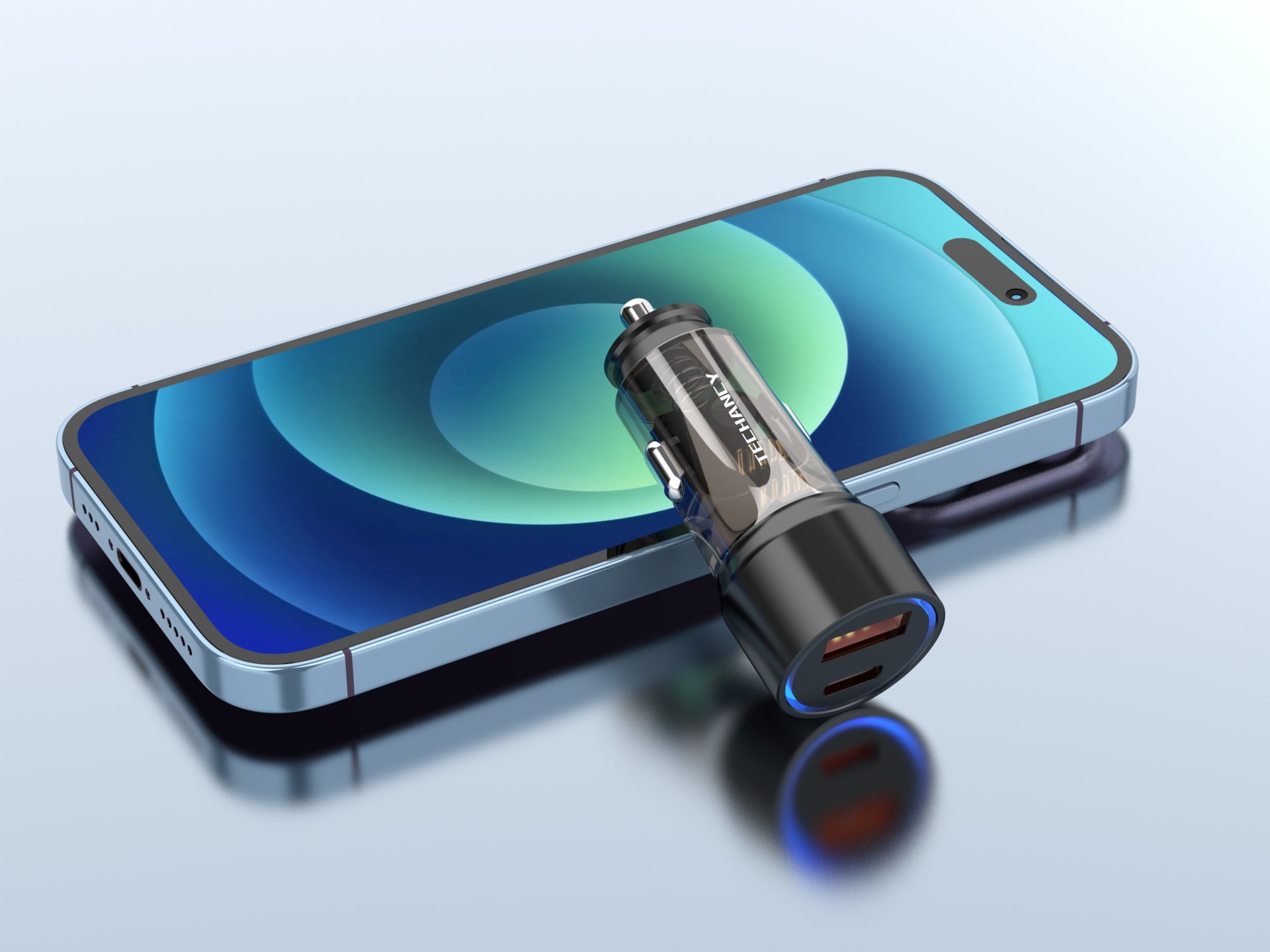 Techancy Carregador Para Automóvel 51w TC6432, Duas Portas Usb-A+Usb-C, Carrega Vários Dispositivos