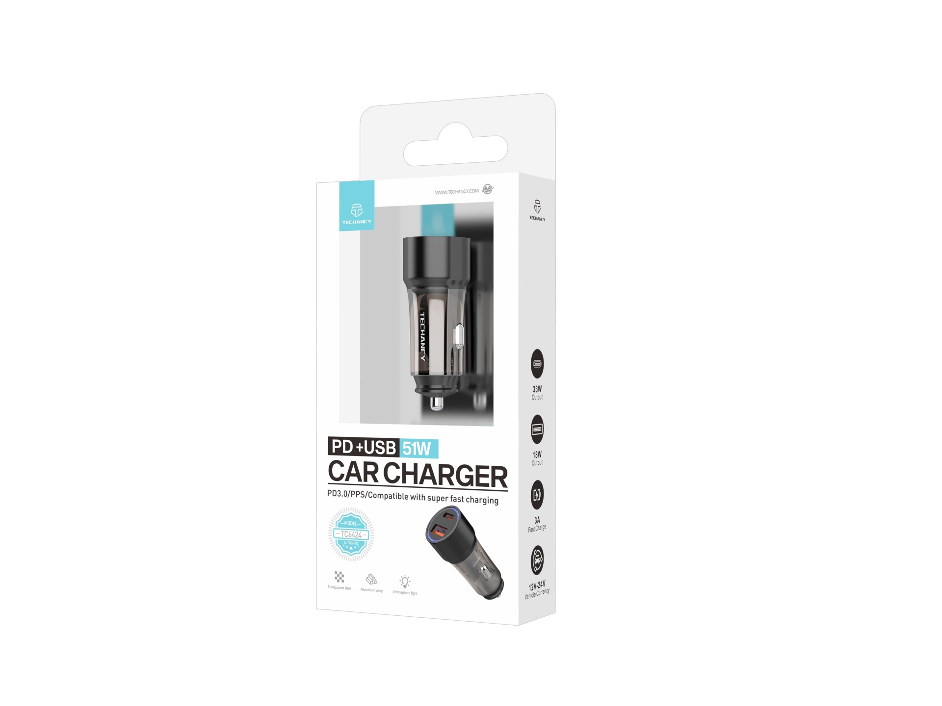 Techancy Carregador Para Automóvel 51w TC6432, Duas Portas Usb-A+Usb-C, Carrega Vários Dispositivos