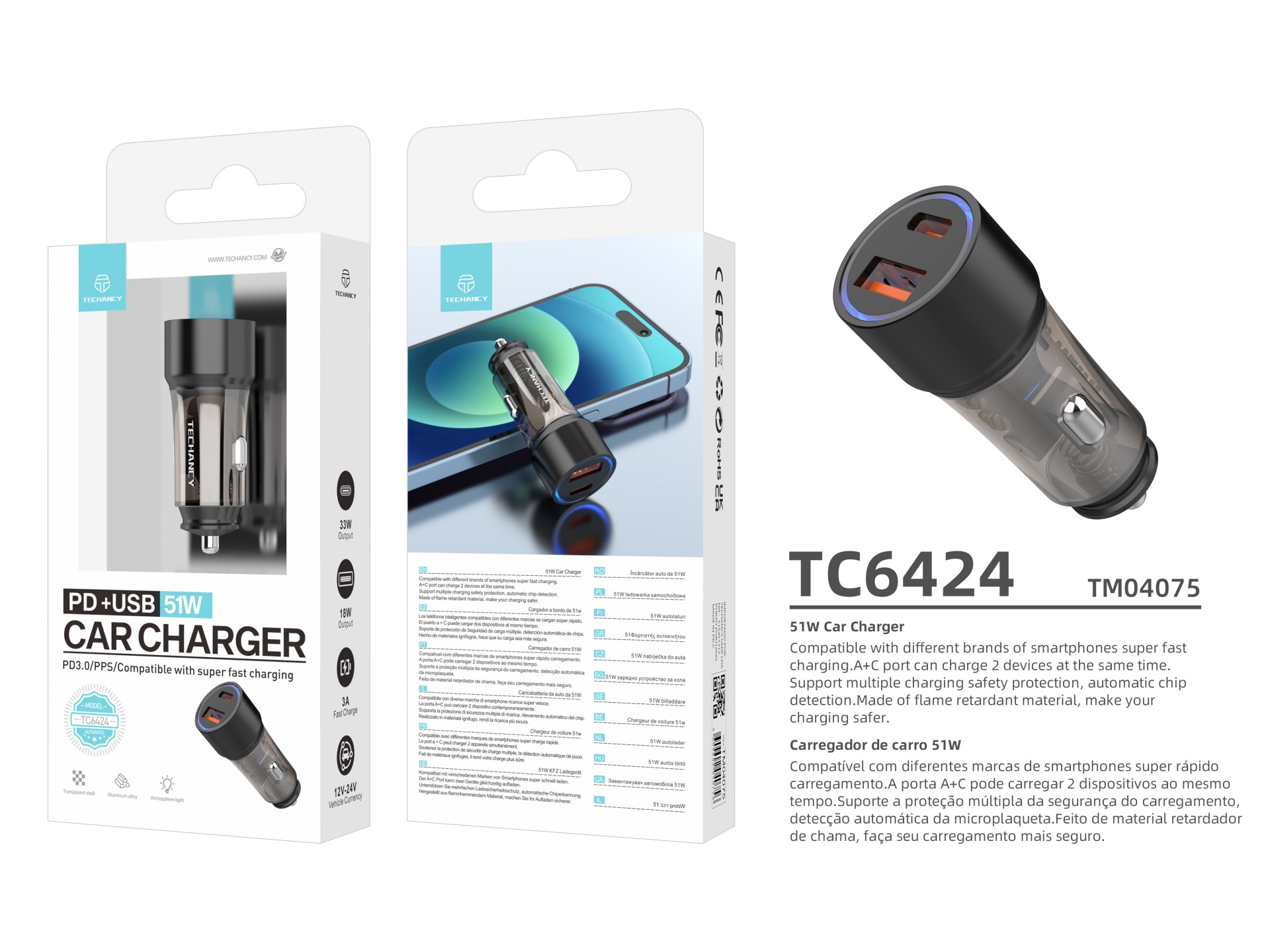 Techancy Carregador Para Automóvel 51w TC6432, Duas Portas Usb-A+Usb-C, Carrega Vários Dispositivos
