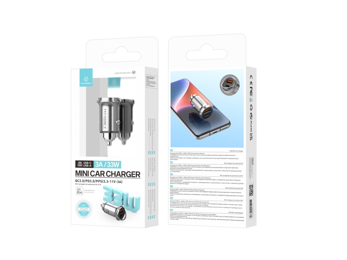Techancy Mini Charger TC6425, 33W, USB-A+USB-C, Aluminum Alloy, Compatible with Cars, Safe and Relia