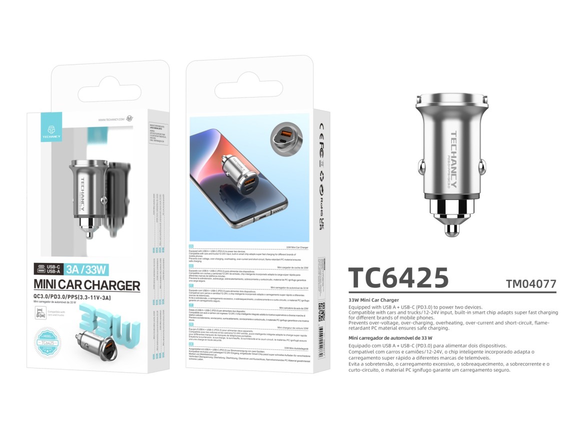 Techancy Mini Charger TC6425, 33W, USB-A+USB-C, Aluminum Alloy, Compatible with Cars, Safe and Relia