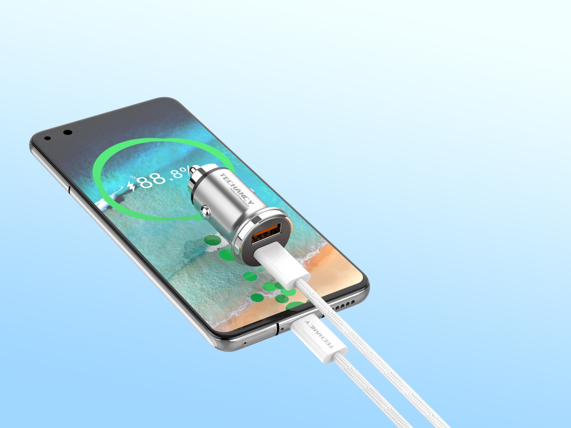 Techancy Mini Carregador TC6426, 33W, USB-A+USB-C, com Cabo USB-C para USB-C de 1m, Liga de AlumInio