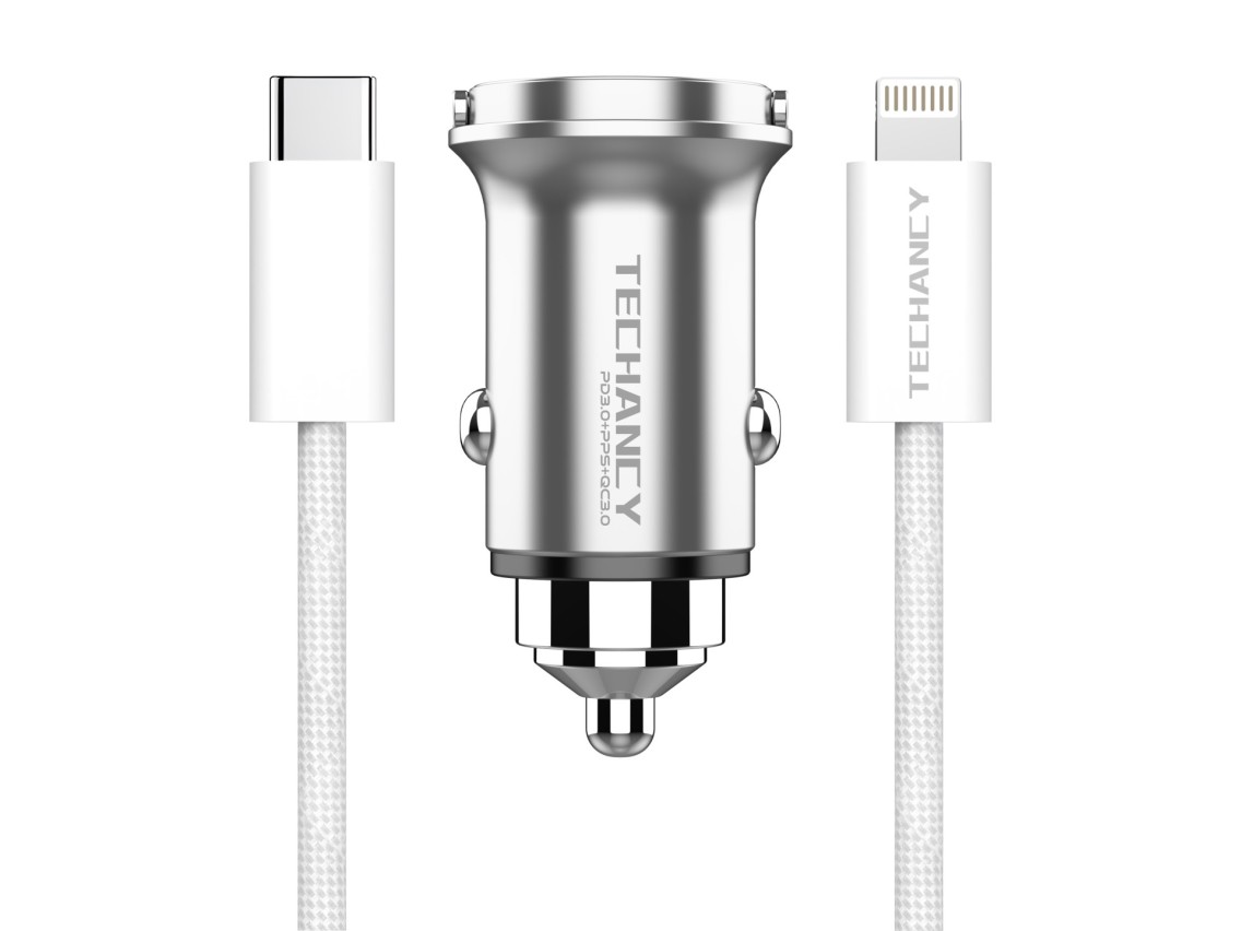 Techancy Mini Carregador TC6426, 33W, USB-A+USB-C, com Cabo USB-C para Lightning de 1m, Liga de Alum