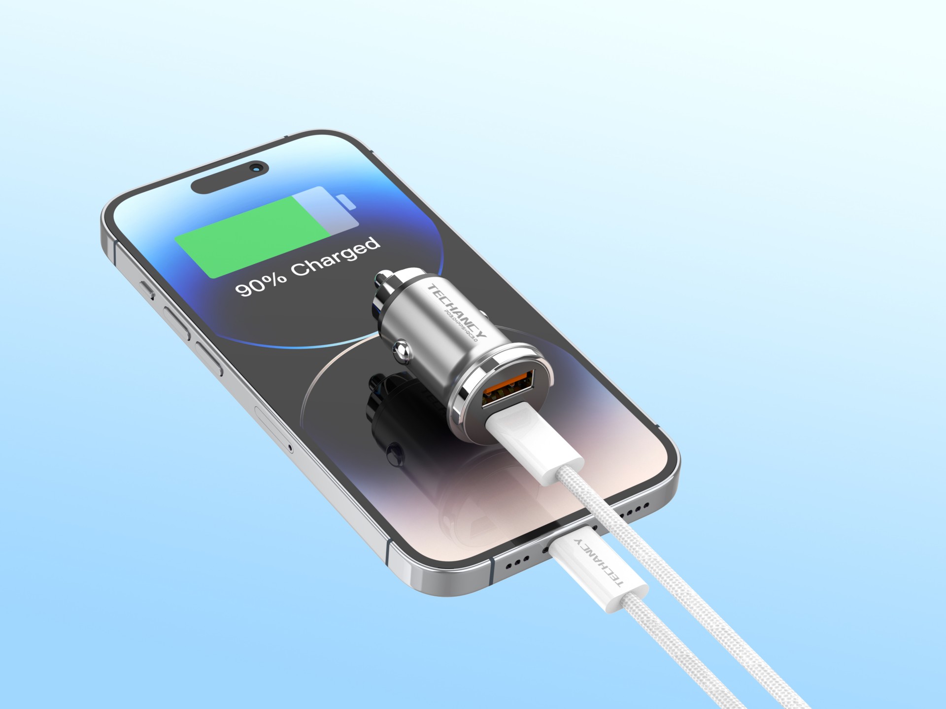 Techancy Mini Carregador TC6426, 33W, USB-A+USB-C, com Cabo USB-C para Lightning de 1m, Liga de Alum