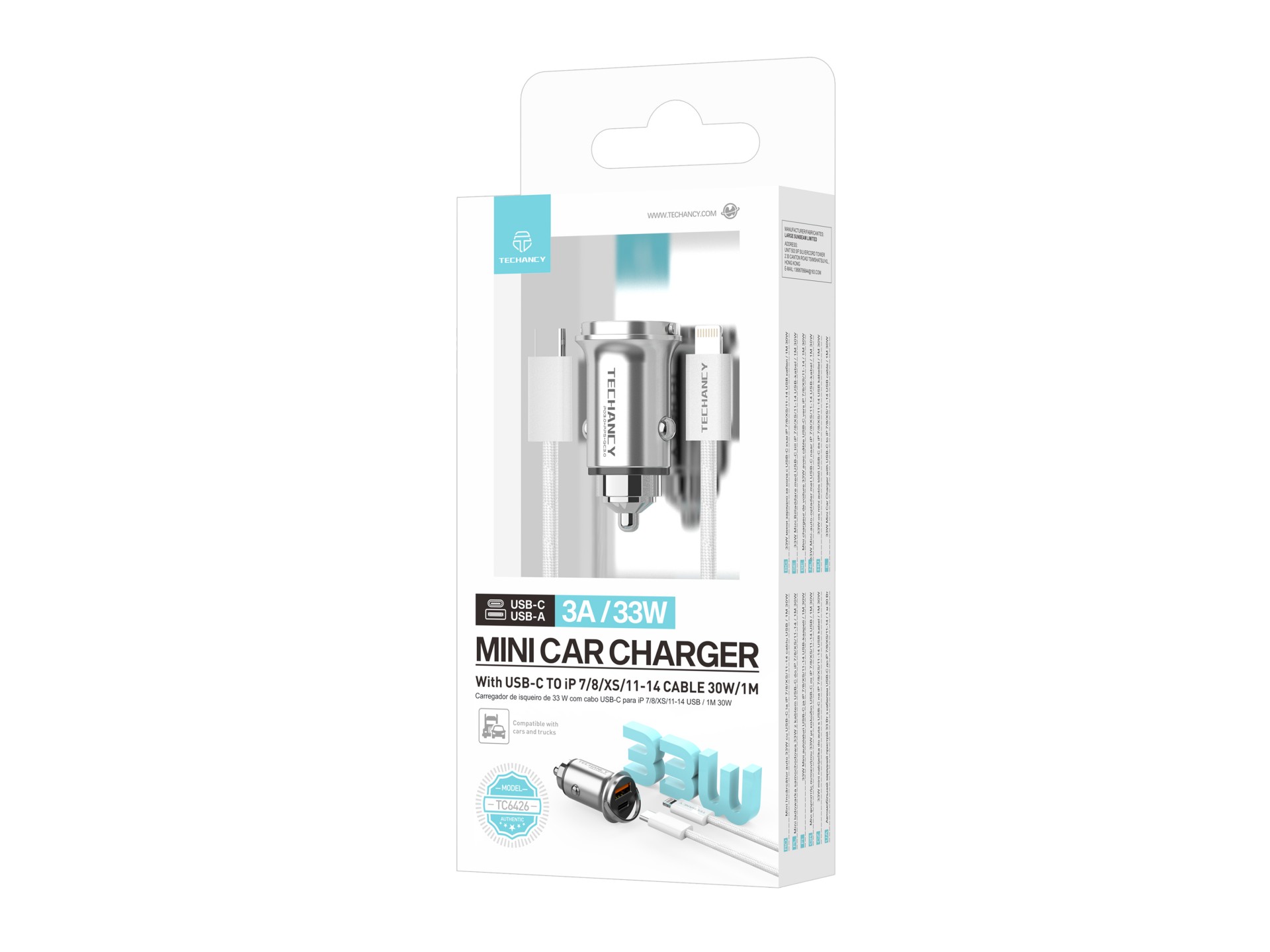 Techancy Mini Carregador TC6426, 33W, USB-A+USB-C, com Cabo USB-C para Lightning de 1m, Liga de Alum