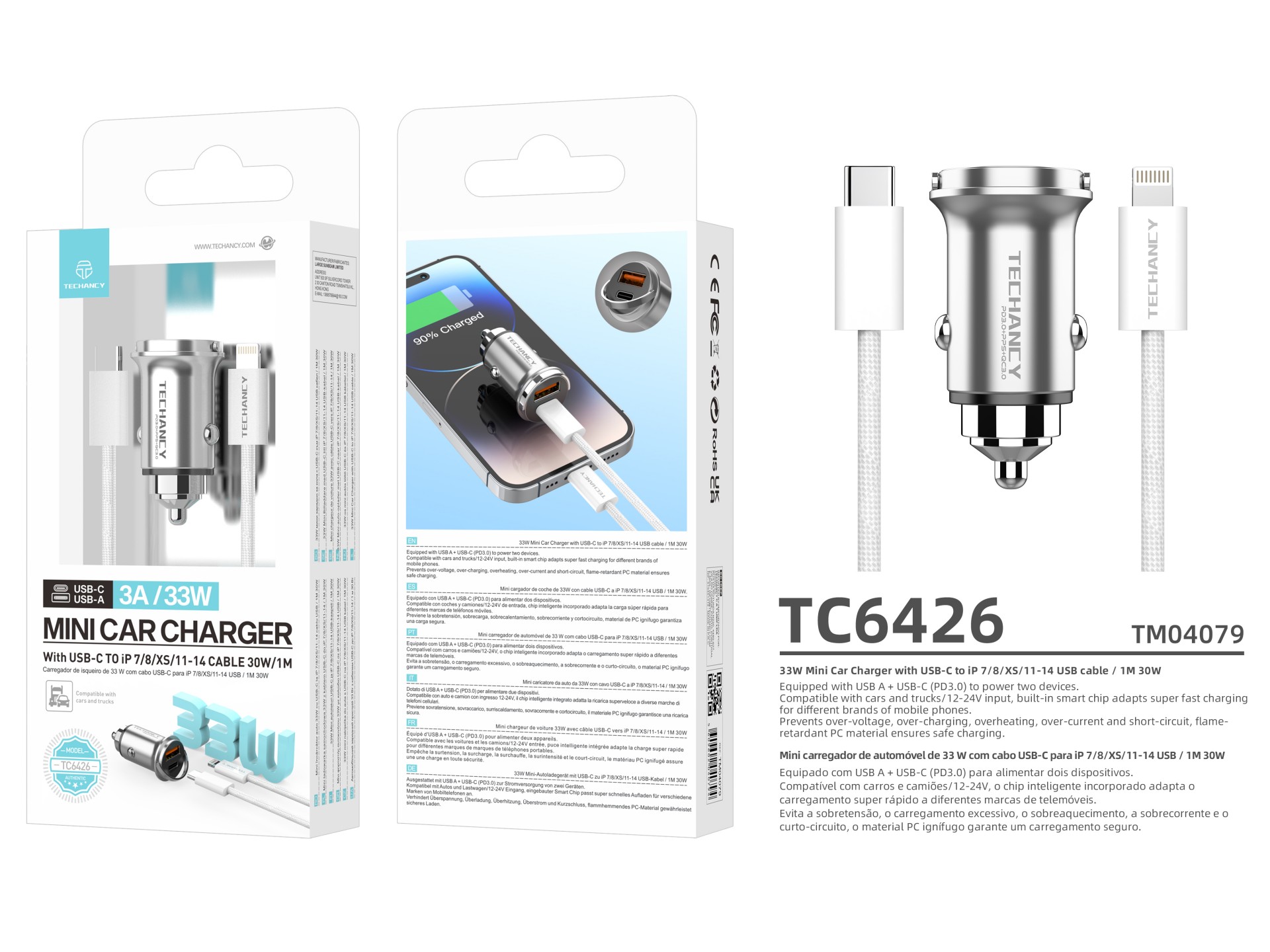 Techancy Mini Carregador TC6426, 33W, USB-A+USB-C, com Cabo USB-C para Lightning de 1m, Liga de Alum