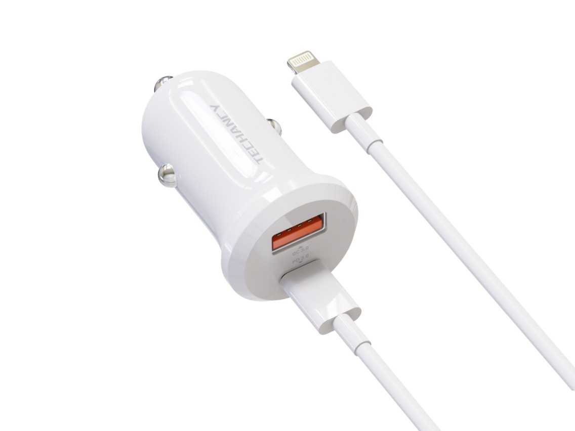 Techancy Carregador de Carro TC6428 30W USB-A+USB-C com cabo 1m USB-C para Lightning PD3.0 QC3.0 12-