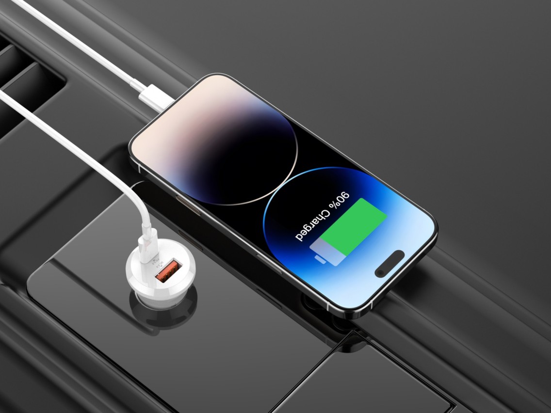 Techancy TC6428 30W USB-A+USB-C Car Charger with 1m USB-C to Lightning PD3.0 QC3.0 12-24V Cable