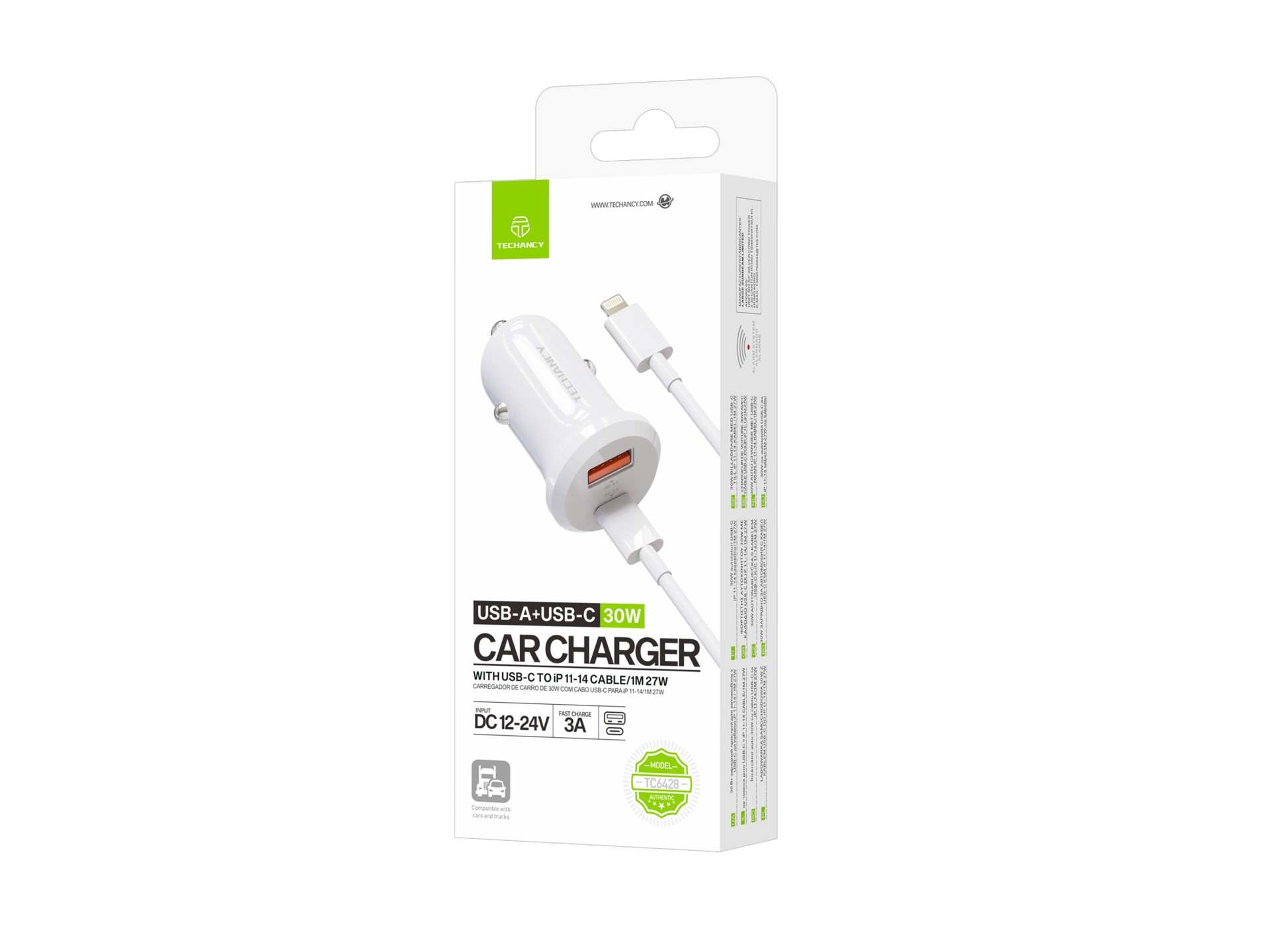 Techancy Carregador de Carro TC6428 30W USB-A+USB-C com cabo 1m USB-C para Lightning PD3.0 QC3.0 12-