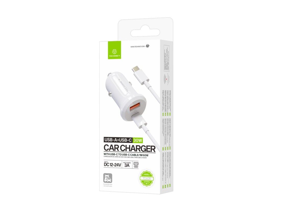 Techancy Carregador 30W TC6428, cabo USB-C, carga rapida, protecao multipla, compativel com veiculos