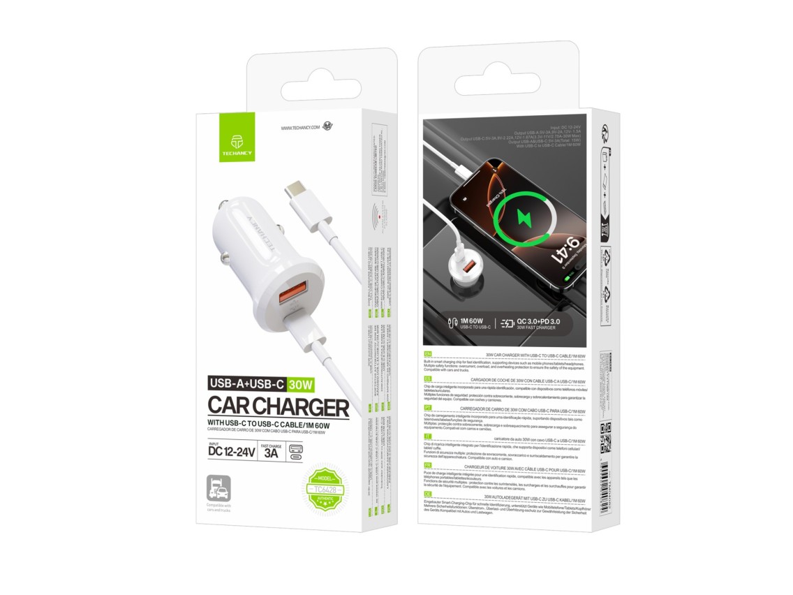 Techancy Carregador 30W TC6428, cabo USB-C, carga rapida, protecao multipla, compativel com veiculos