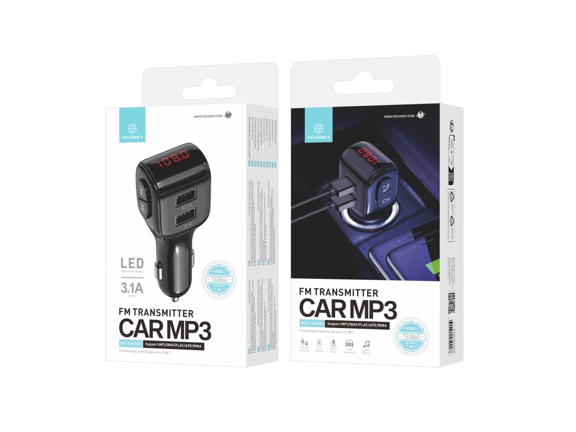 Techancy Leitor Mp3 Para Automóvel Preto TE0860, Carregamento Rápido De 3,1 A, Ligação Fm+Bluetooth,
