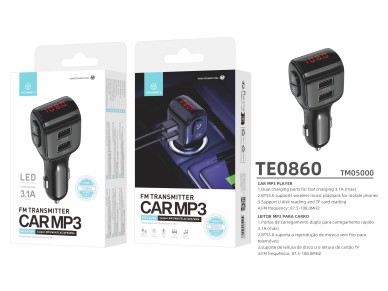 Techancy Black Car MP3 Player TE0860, 3.1 A Fast Charging, FM+Bluetooth Connection, 12-24 V Input