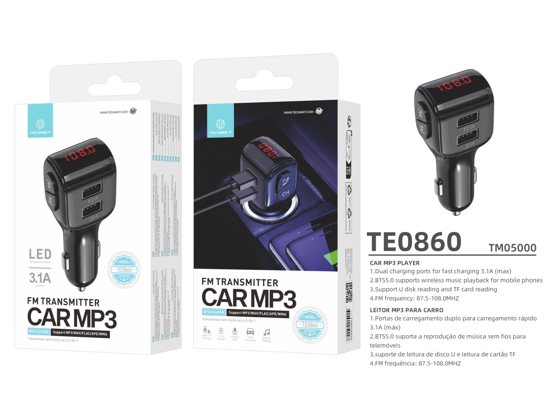 Techancy Leitor Mp3 Para Automóvel Preto TE0860, Carregamento Rápido De 3,1 A, Ligação Fm+Bluetooth,