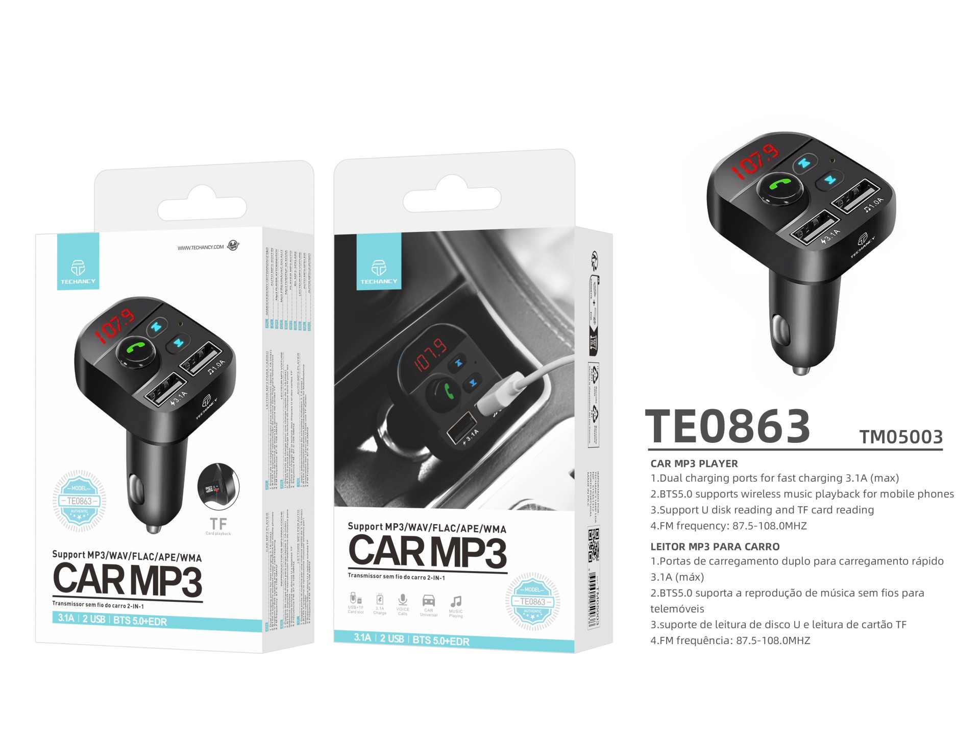 Techancy Leitor Mp3 Para Automóvel Preto TE0863, Carregamento Rápido De 3,1 A, Ligação Fm+Bluetooth,
