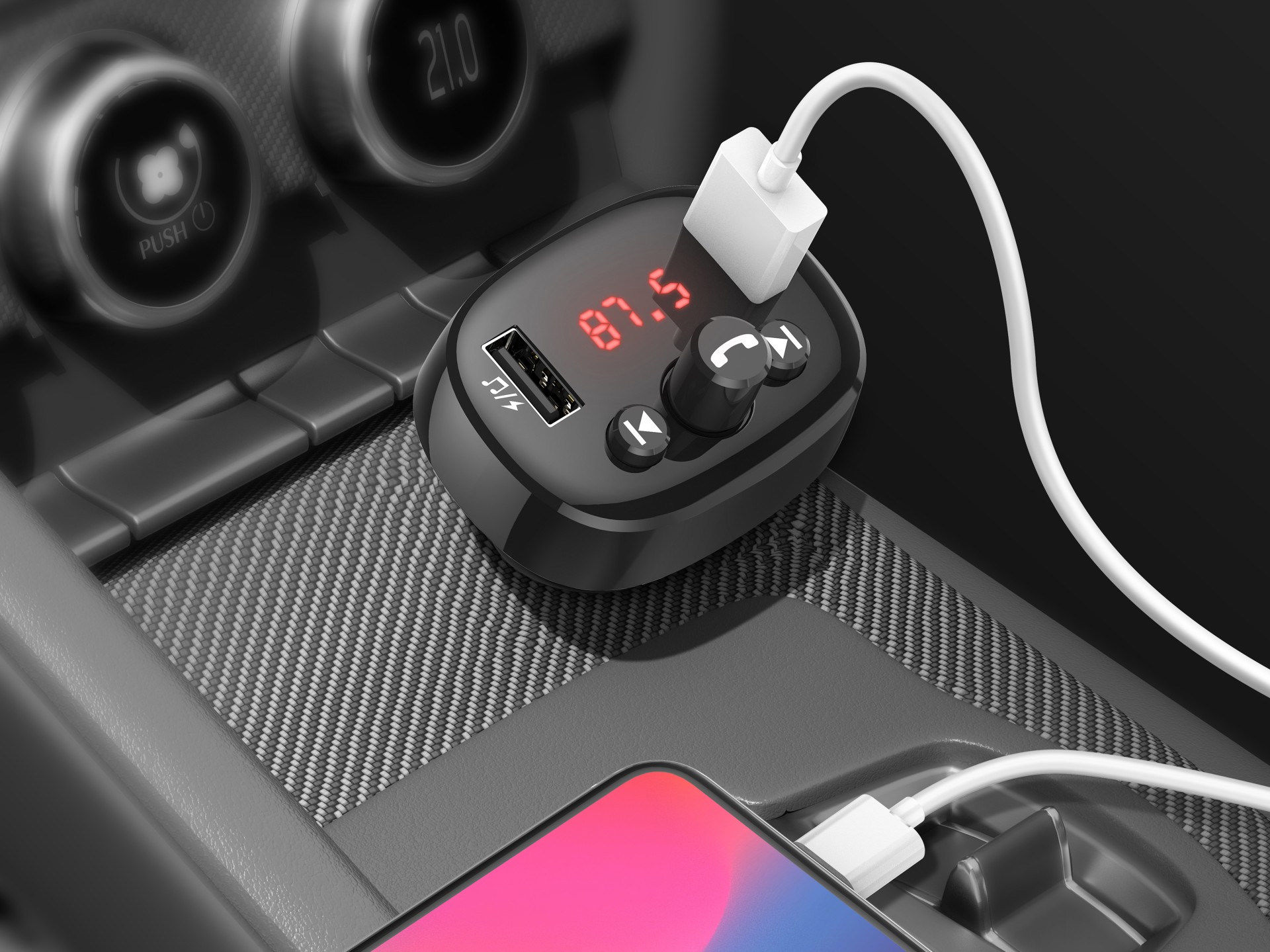 Techancy Transmissor Fm Para Automóvel Preto TE0864, 3.1a, 2 Portas Usb, Leitor De Mp3, Compatível C