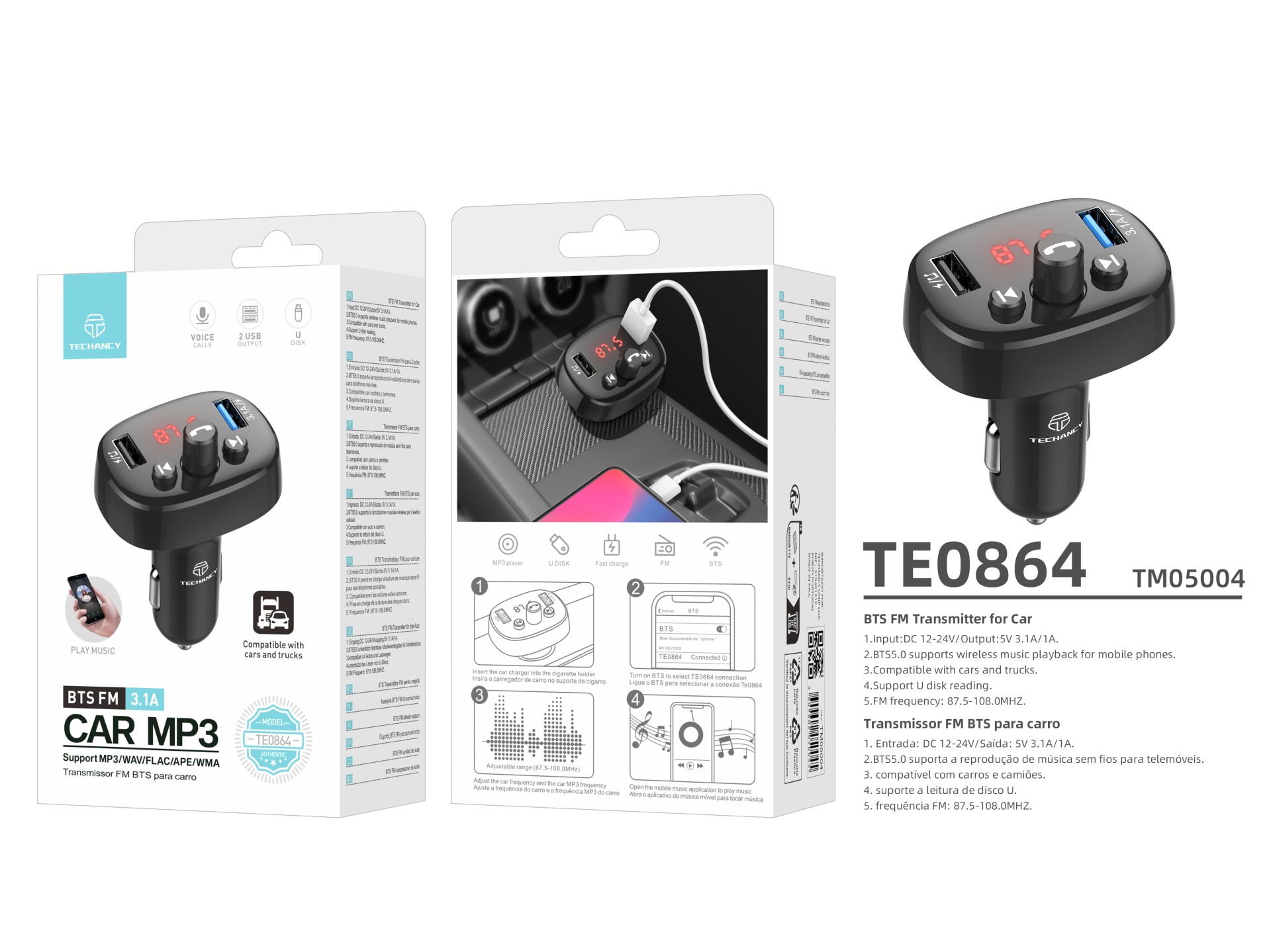 Techancy Transmissor Fm Para Automóvel Preto TE0864, 3.1a, 2 Portas Usb, Leitor De Mp3, Compatível C