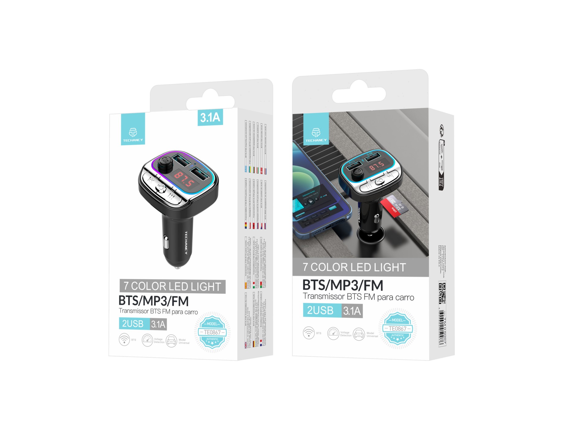Techancy Transmissor Fm Para Carro TE0867, Bluetooth, Mp3, 2usb 3.1a, Luz Led 7 Cores, Para 12-24v