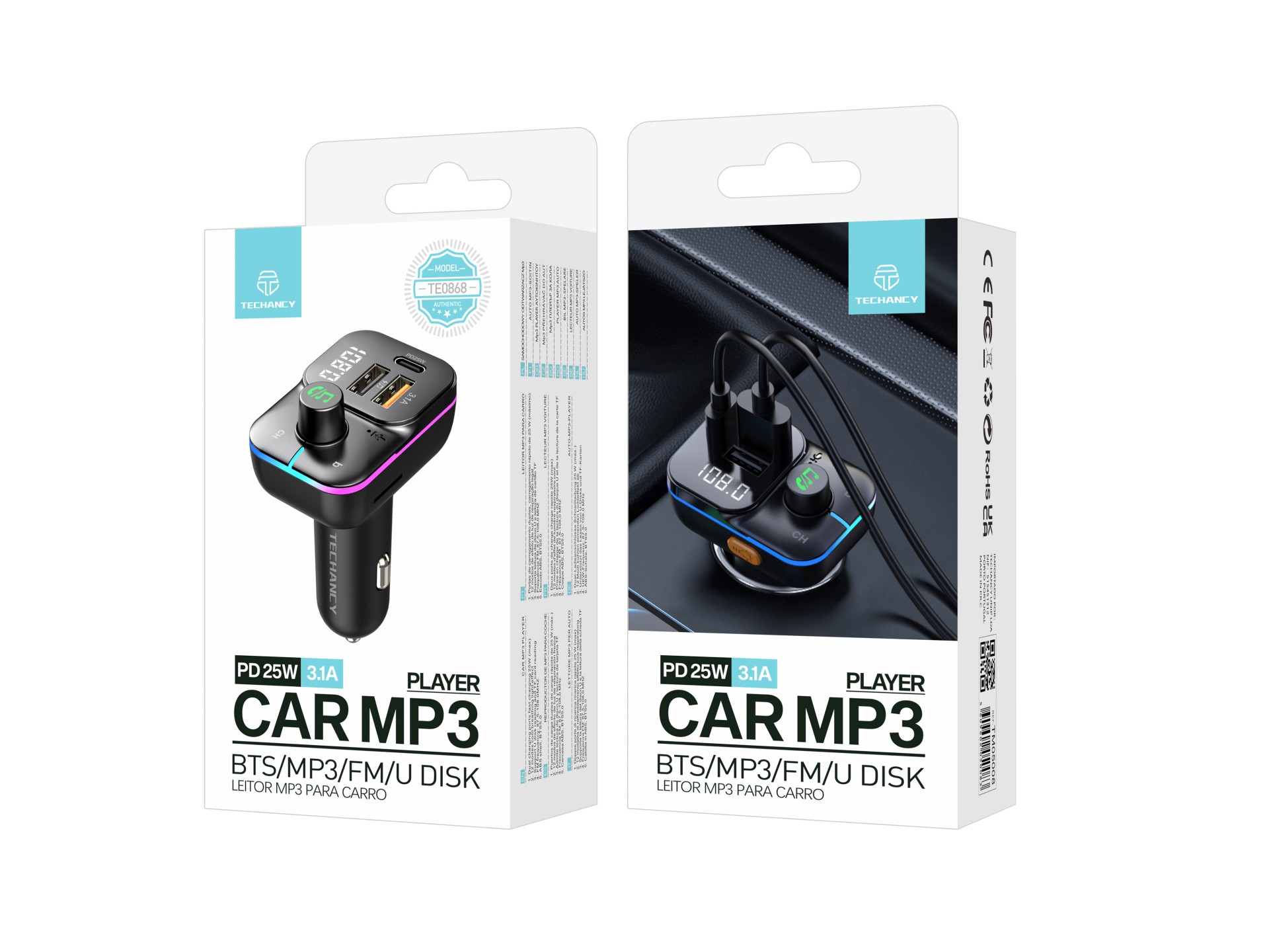 Techancy Transmissor Fm Para Automóvel TE0868, Carregamento Rápido Pd De 25 W, Reprodução De Mp3, 7