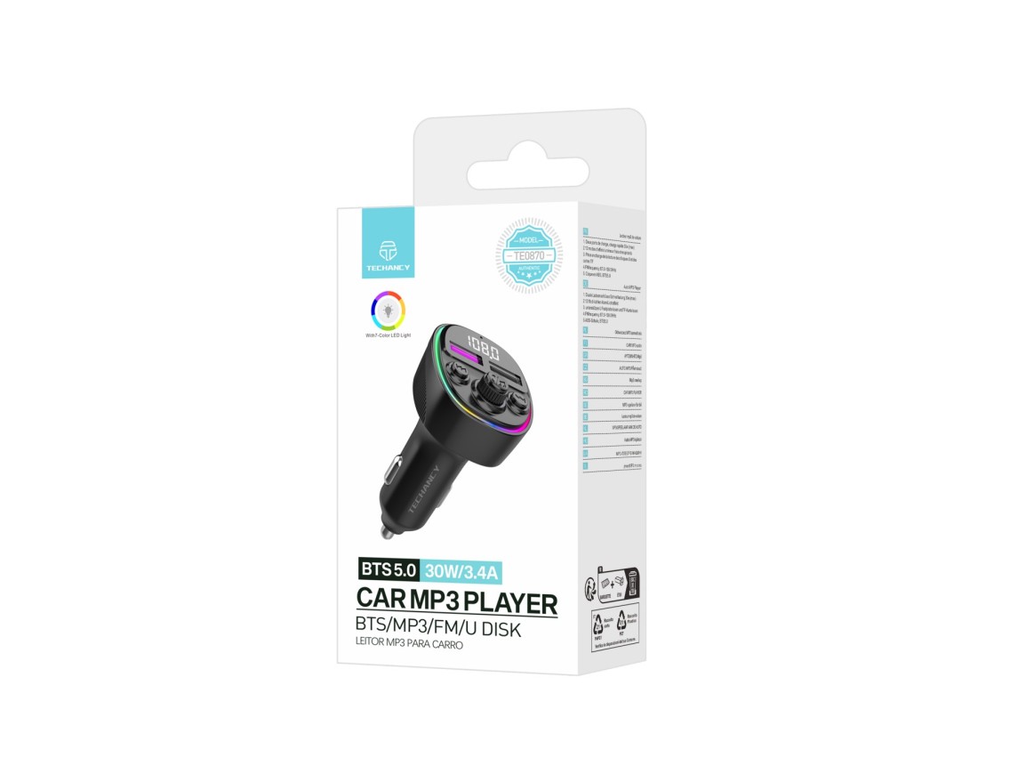 Techancy Transmissor Fm Para Autom�vel  TE0870, Carregamento R�pido Pd De 30 W, Reprodu��o De M�sica