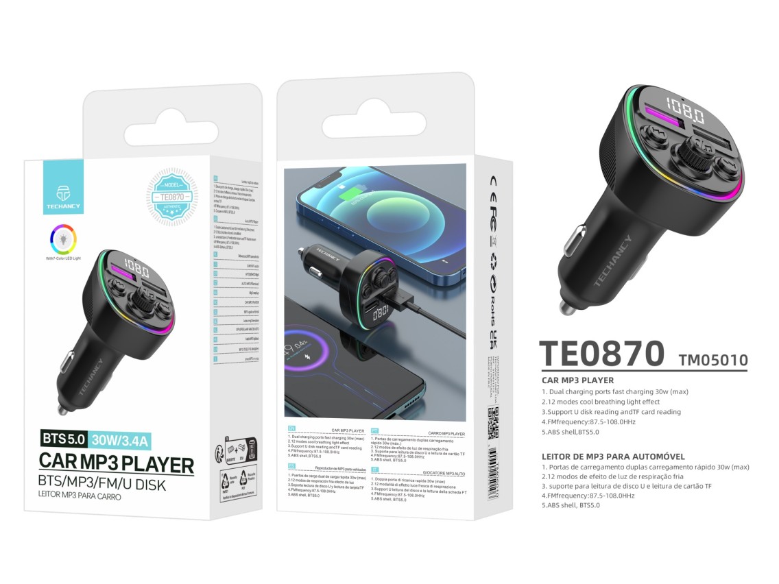 Techancy Transmissor Fm Para Autom�vel  TE0870, Carregamento R�pido Pd De 30 W, Reprodu��o De M�sica